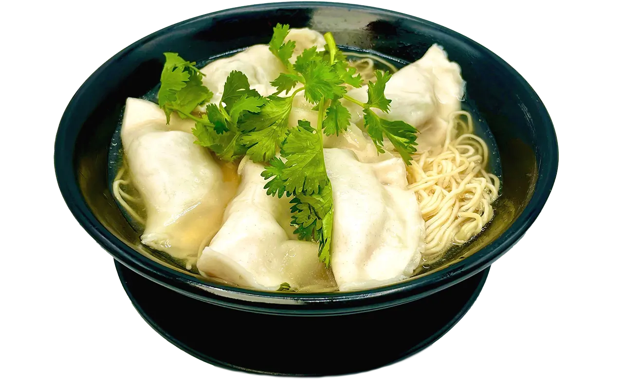 Wonton noodle soup with tender pork wontons and fresh cilantro at E Noodle Chinatown, a Chinese Restaurant in New York