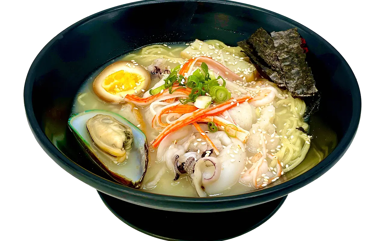 Seafood tonkotsu ramen with mussel, squid, egg and seaweed toppings at E Noodle Chinatown, a Chinese Restaurant in New York